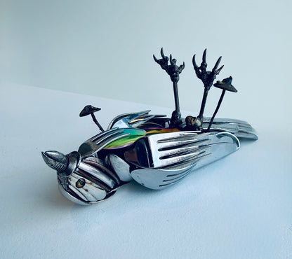 Rainbow Belly Dead Bird - Metal Sculpture by Dustin Rickman
