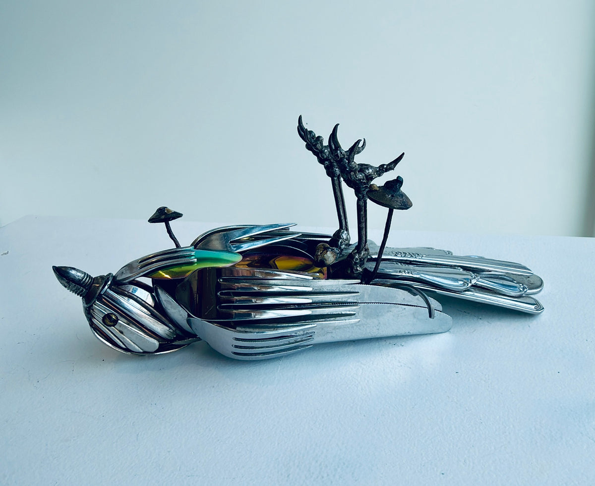 Rainbow Belly Dead Bird - Metal Sculpture by Dustin Rickman
